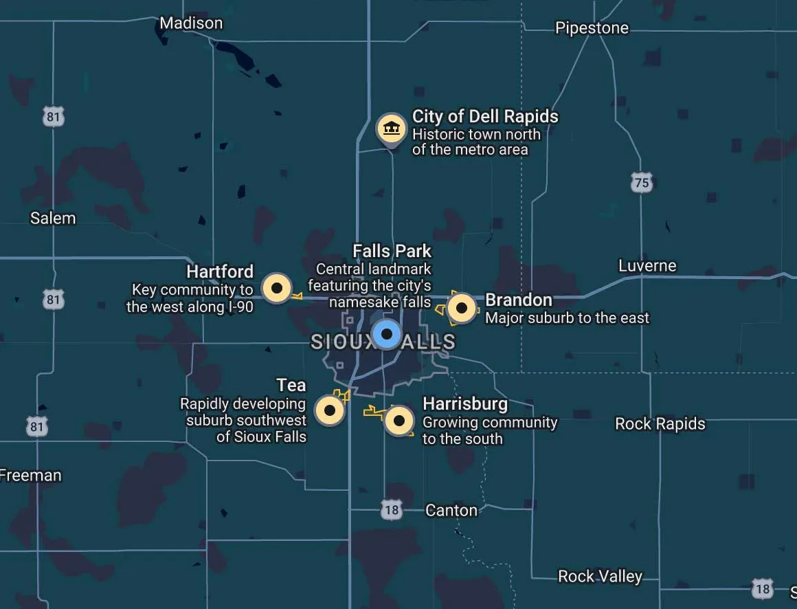 Map of the Sioux Falls, SD area that Dakota Turf Pros offers lawn care services
